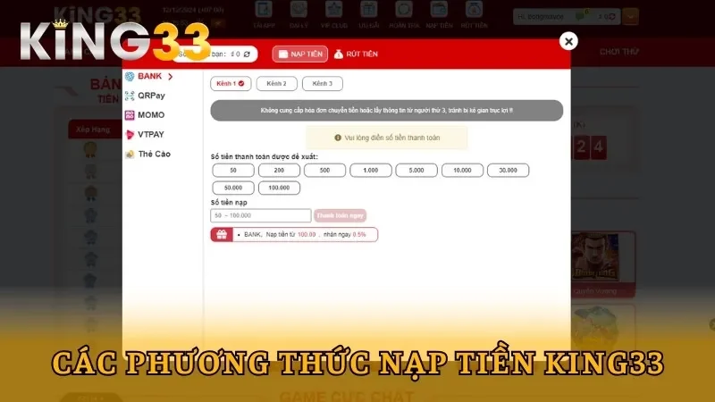 Các phương thức để nạp tiền King33