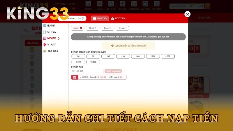 Các thao tác nạp tiền King33 đơn giản